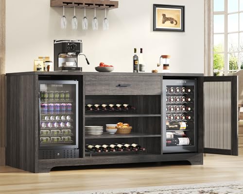 HSH Large Coffee Bar Cabinet with Wine Mini Fridge Space, Farmhouse Long Liquor Cooler Cabinets with Drawer Storage Rack, Modern Wood Metal Big Sideboard Buffet for Kitchen Dining Room, Gray, 70 Inch