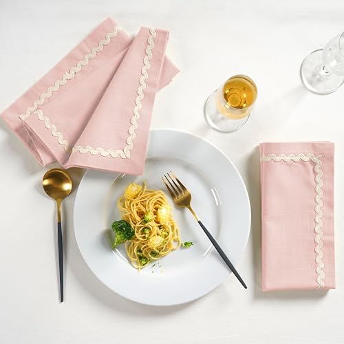 Image of FINGERCRAFT Cloth Napkins Set of 6, 18x18 Inch, 100% Cotton Table Napkins with RIC Rac Scallop Lace Trim, Reusable Washable Dinner Napkins for Wedding, Party, Dining & Home Decor (Pink)