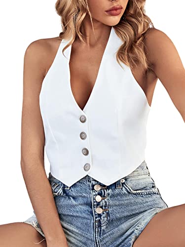 GORGLITTER Women's Button Front Backless Halter Top Sleeveless Asymmetrical Hem Crop Blazer Vest3