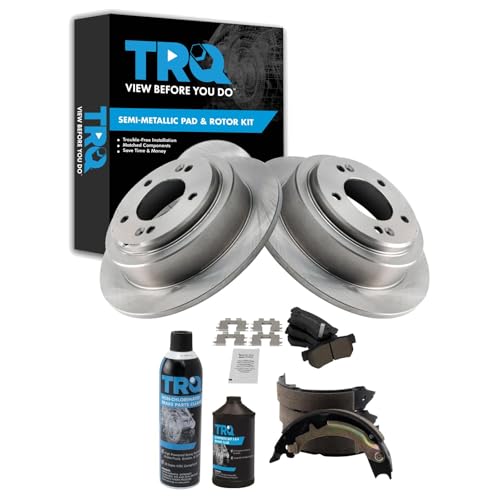 Image of TRQ Rear Brake Pad & Rotor Kit, with Chemical Kit Parking Brake Shoe Set Semi-Metallic Compatible with 2004-2006 Kia Amanti