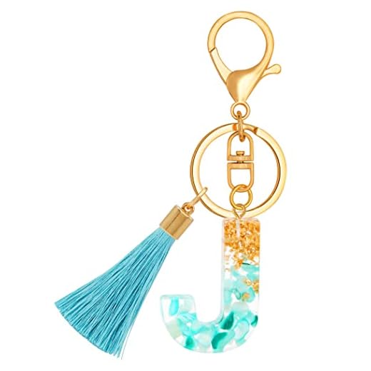 Chaveiros com letra inicial para meninas e mulheres, chaveiro de borla fofo ciano para mochila escolar, Blue-j, Standard