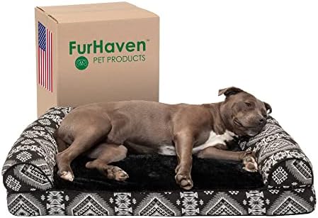 Furhaven Large Orthopedic Dog Bed Plush & Southwest Kilim Decor Sofa-Style w/ Removable Washable Cover - Black Medallion, Large