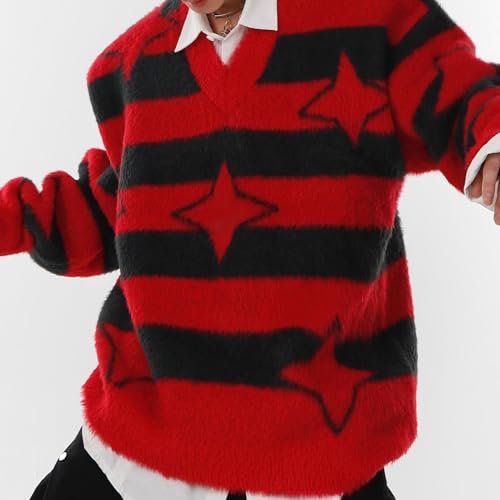 Hulpvktsgiq Men Sweaters Oversized Star Graphic Striped Cable Knitted Jumper Pullover Unisex Crewneck Retro Couple Tops2
