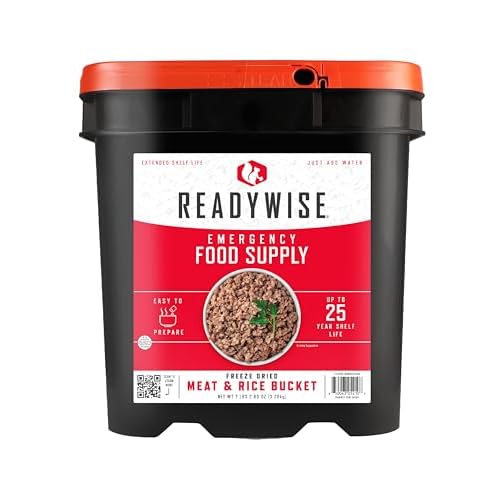 ReadyWise Emergency Food Supply – 88 Servings Meat & Rice Bucket, Freeze Dried Protein Meals, Camping Essentials, Bulk Rice & Survival Food, Disaster Prepping Supplies, up to 25 Year Shelf Life