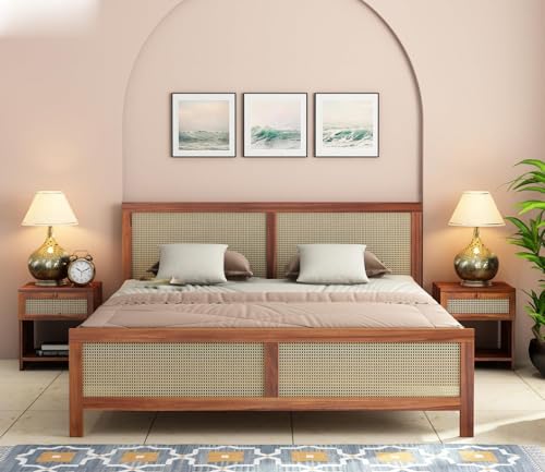 Image of Solid Sheesham Wood King Size Cot Bed Without Storage for Bedroom - Wooden King Size Cot for Bedroom - Solid Wooden Double Bed Palang for Home (Noah Honey)