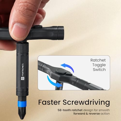 Image of Portronics BitBox Prime 24-in-1 Magnetic Ratchet Screwdriver Set with 58-Tooth Mechanism,T-Handle Design,S2 Alloy Steel Bits, Detachable Handle,Portable Repair Tool Kit for Laptop, PC, Bike & Home DIY
