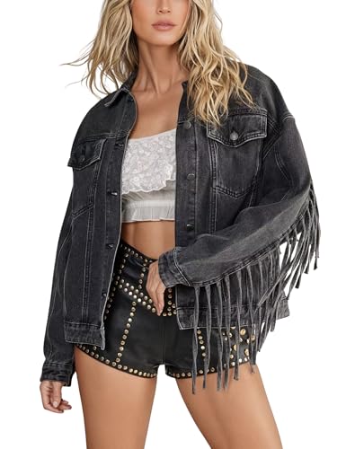 Omoone Women's Oversized Denim Fringed Jacket Tassel Jean Jackets Fall Outfits 2025 with Pockets