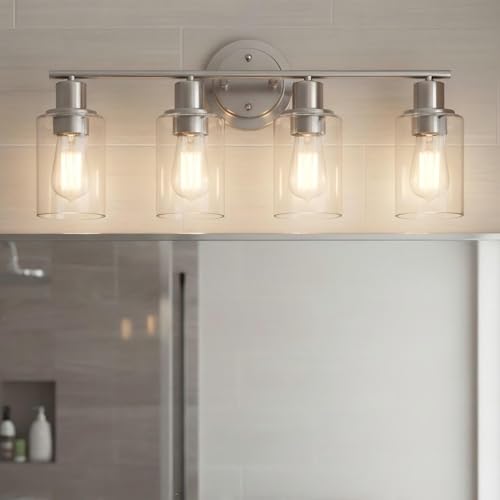 Image of Brushed Nickel 4-Light Bathroom Light Fixture Over Mirror Sink, 4-Light Bathroom Vanity Lights Brushed Nickel Vanity Wall Sconce for Mirror
