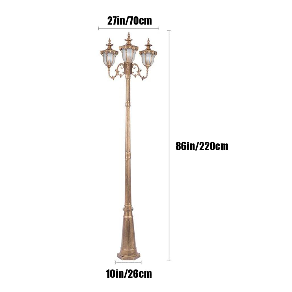 Columna de luz para exteriores, impermeable, para exteriores, patio, jardín, pasarela o decoración, poste de luz dorado con paneles de luces europeas de vidrio transparente, 3 cabezales