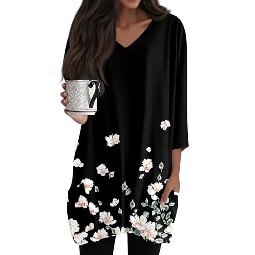 Womens Summer Tops V Neck Tunic Blouses Tees Casual Loose Comfortable Shirts 3/4 Sleeve Trendy Printed T Shirts（1-Black,X-Large）