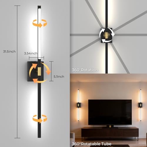Image of Battery Operated Wall Sconce Set of 2, 10000mAh 4CCT Dimmable, Black | Remote & Touch Control, 4CCT Dimmable, 360 Rotate, Rechargeable Wall Lights for Bedroom Living Room Hallway 31.5inch