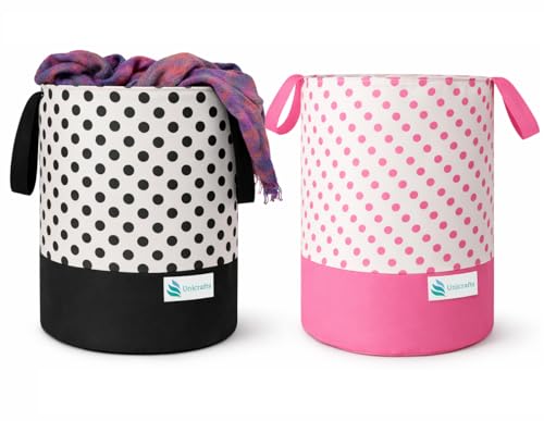 Image of 45L Foldable Laundry Bag with Handles | Durable Fabric Clothes Storage Basket for Home, Bathroom & Kids Room | Polka Dot Design (BLACK &0 PINK Combo)