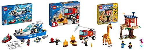 Image of LEGO City Police Patrol Boat 60277 Building Kit+Creator 3in1 Safari Wildlife Tree House 31116 Building Kit+City Fire Ladder Truck 60280 Building Kit - (Set of 3 Toys)