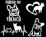 Frenchie Decals 4 Pack: Pardon My French, French Bull Dog Heart, Frenchie Heartbeat, Detailed French Bull Dog Decals (Small ~3.5', White)