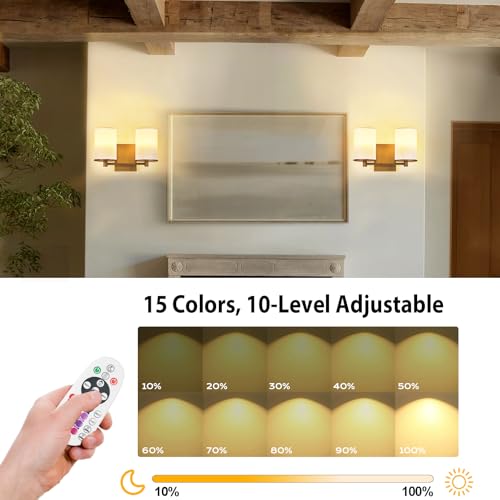 Image of Battery Operated Double Wall Sconce,Rechargeable Battery Powered Vanity Lights,Cordless No Wiring Dimmable Double Sconce with Remote Control for Bedroom Living Room