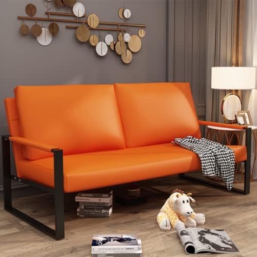 AWQM PU Leather Love-seat Sofa, 45 Inches Mini Upholstered Couch Middle Ages Modern Accent Chair with Black Metal Armrest 2 Seater Lounge for Small Spaces (Orange)