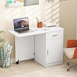 Giantex Folding Computer Desk with Drawer, Mobile Home Office Desk on Wheel w/Cabinet & Adjustable Shelf, Rolling Portable Laptop PC Table, Study Writing Desk for Small Spaces, Dorm, Apartment (White) - Image 3