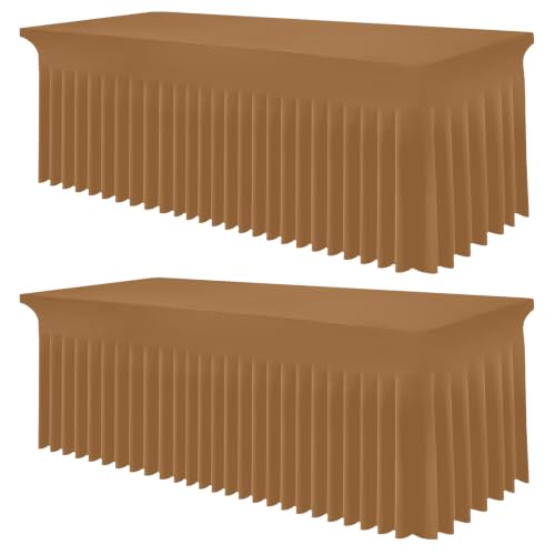 Image of Smiry 2 Pack Spandex Elastic Fitted Table Cloth Skirt for 8FT Table | Stretch Washable Table Cloth, Banquet Table Cover for Wedding, Party, Indoor & Trade Shows, (Brown, 96Lx30Wx30H)
