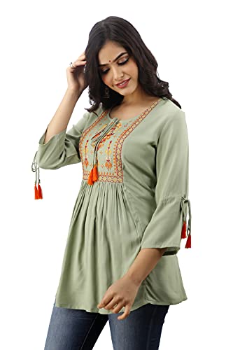 Image of DMP FASHION Women's Rayon Classic Heavy Embroidery Top with Beautifull Tassels at Front and on Both Sleeves