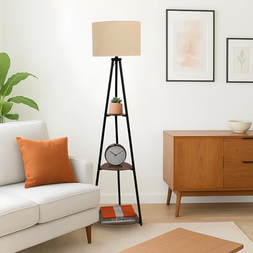 Image of AKWAY Bamboo Tripod Floor Lamp for Living Room Cane Floor Lamp for Home Rattan for Living Room Standing Lamp Wooden Floor Standing lamp for Bedroom (Bulb Not Included) (Tripod Shelf Fabric 12 inchx8 inch)