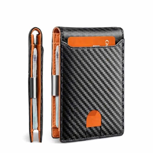 Carteira Slim com Proteção RFID Antifurto, Couro Sintético e Fibra de Carbono, Sistema de Ejeção Rápida, 6 Cartões, Preta e Laranja, 11cm x 7cm x 1cm