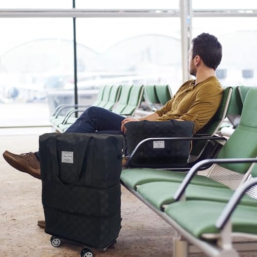 Expandable foldable duffel bag suitcase, detachable rolling wheels,carry-on large duffel bag,luggage bag,suit gym,camping,travel or business trip,Gift for wife and parents-Checkerboard(BLACK)2