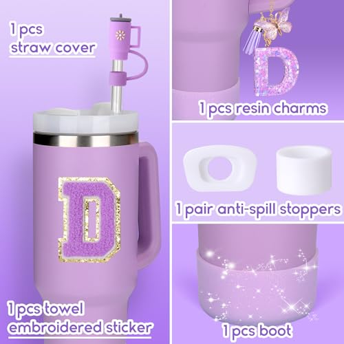 Mity rain 6PCS Cup Accessories Set for Stanley Cup 30oz 40oz tumbler with handle, Including Silicone Straw Topper Cover Cap and Boot, Spill Proof Stopper, Handle Charm, Initials Sticker (Letter D)