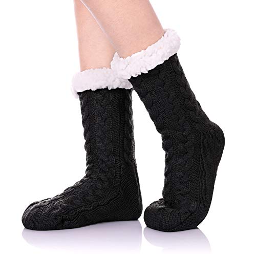 ZaYang Womens Winter Super Soft Knit Fuzzy Cozy Fleece lined Warm Non-Skid Slipper Socks (Black)
