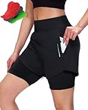 Sportneer Bike Shorts Women 4D Gel Padded 2 in 1 Spin MTB Cycling Shorts with 3 Pockets Wide Waistband UPF 50+