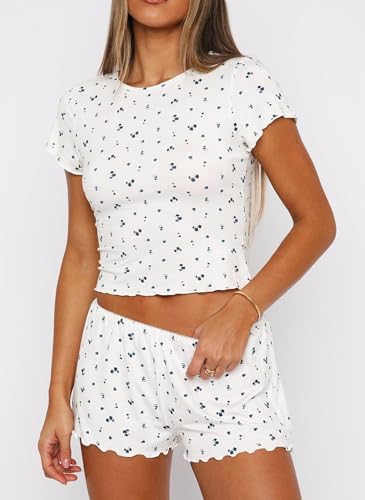 Image of Lacozy Cute Pajamas for Women Set 2 Piece Short Sleeve Pjs Floral Graphic Crop Top Y2K Summer Sleepwear Lounge Set