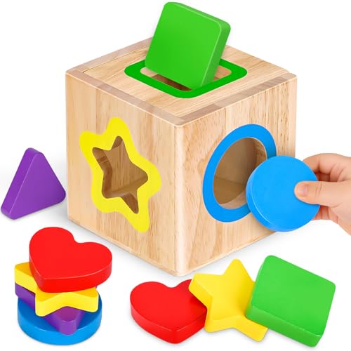 Toddler Montessori Toys for 1 2 Year Old Boys Girls Shape Sorter Wooden Baby Toys Gifts for 1 2 3 Year Old Girl Boy Activity Cube Sensory Baby Toy 6 to 12 Months Colour Sorting Stacking for Kids