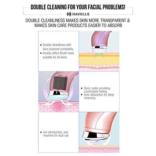 Image of Havells SC5070 Facial Cleansing Brush with 3 Heads for Exfoliation, Cleaning and Brightening Iontophoresis, Smart Alert to Assist Usage, Rechargeable (Pink)
