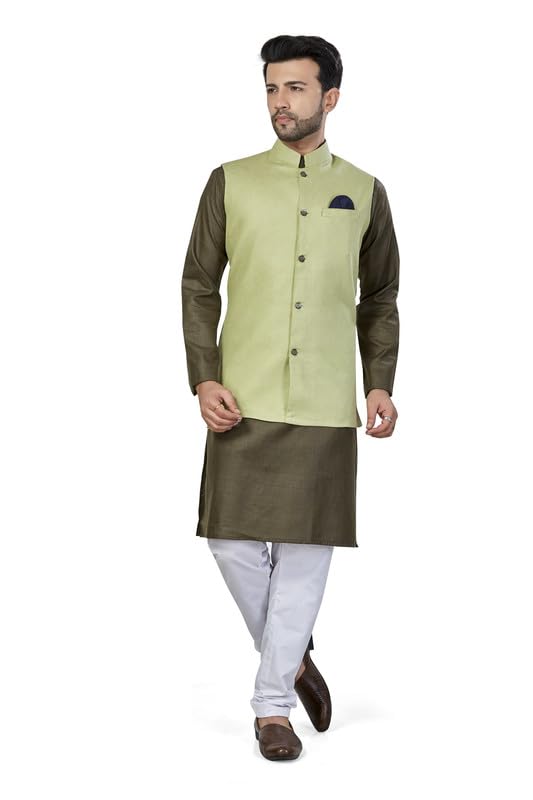 Be Active Men's Solid Linen Blend Kurta Pyjama 3 Piece Set || Men Kurta Pajama With Modi Jacket || Kurta Pajama Nehru Jacket For Men (N-Rfset0014-4-M)