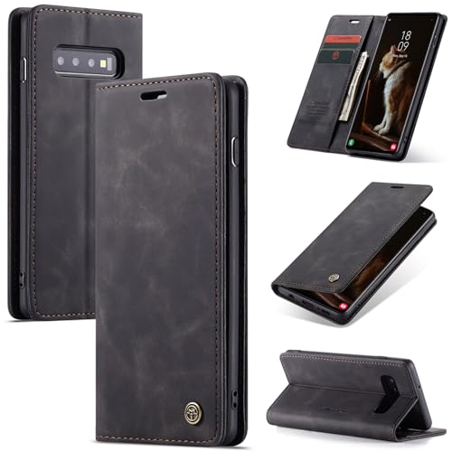 Rerzoiro Handyhülle für Samsung Galaxy S10 Hülle, Premium PU Lederhülle Klappbar Flip Hülle Standfunktion Tasche Magnet Kartenfach Klapphülle Schutzhülle für Samsung Galaxy S10, Schwarz