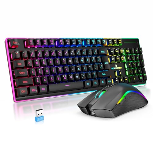 ROCK POW Arabic English Wireless Gaming Keyboard and Mouse Combo,Gaming Combo 104 key Merchanical Feel Keyboard Anti-ghosting RGB Rechargeable 3000mAh,Ergonomic RGB Mice 4800 DPI 650mAh for PC Gamer