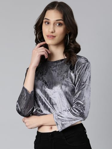 Image of SHOWOFFFF Women Shimmer Casual Top | Round Neck Full Sleeves Nylon Top's for Womens | Regular Fit Crop Tops for Women's