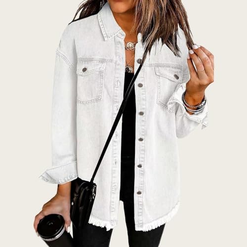 Women's Oversized Denim Jacket Long Sleeve Denim Jean Jacket Button Up Frayed Hem Shacket Retro Western Boyfriend Coat2