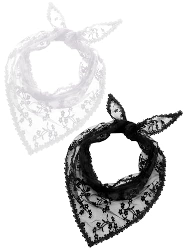 Boao 2 Pieces 1950s Retro Lace Scarf Triangle Neck Scarf Embroidered Lace Wrap Hair Wrap for Women