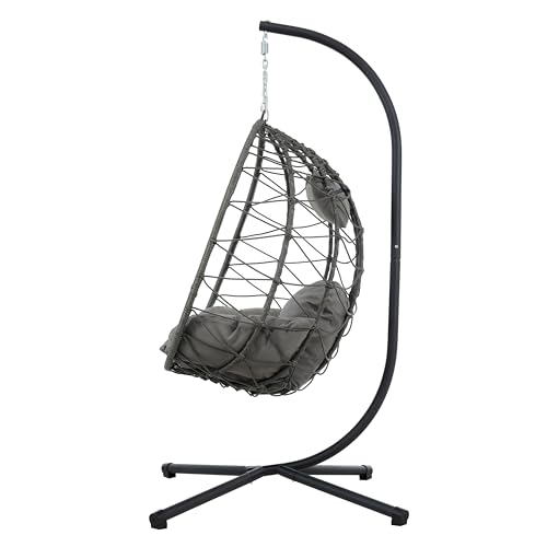 Indoor Outdoor Swing Chair Comfy Outdoor Wicker Egg Chair with Stand, Hanging Chair, Metal Frame and UV Resistant Cushion Patio Hanging Basket Chairs, for Patio, Bedroom, Garden (Gray)