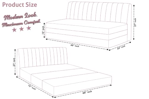 Image of 3-Seater Velvet Sofa Cum Bed | Convertible Sleeper Sofa | Modern Foldable Couch for Living Room, Bedroom & Office | Rose Pink