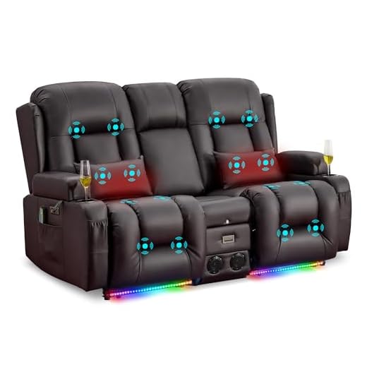 URRED Loveseat Recliner Sofa with Massage and Heat, Power Reclining Loveseat Sofa RV Couch with Console, Home Theater Seating with LED Lights, Bluetooth Speaker, USB, Outlets, Faux Leather, Dark Brown