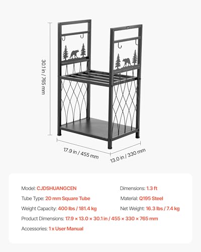 Image of VEVOR Indoor Firewood Rack, 1.3 ft 2-Tier Firewood Holder with Fireplace Tools, Brush, Shovel, Poker, Tongs, Heavy Duty Log Wood Rack, 400 lbs Weight Capacity, Wood Pile Storage Stacker for Fire Pit