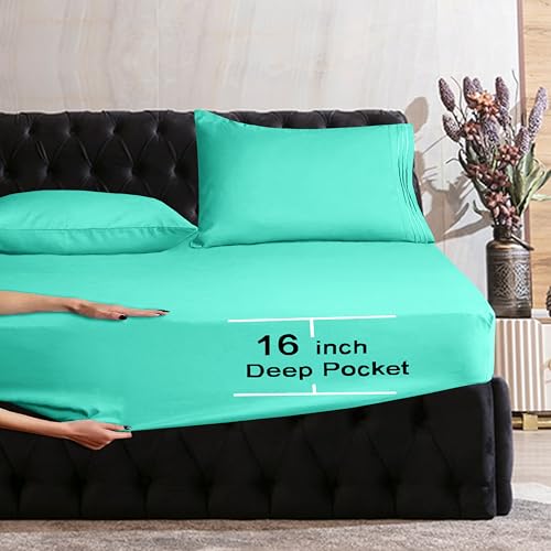 Image of Mocassi Twin Sheet Set - Luxury Hotel 1800 Premier Bedding Sheets & Pillowcases - Ultra Soft Breathable & Cooling Bed Sheets - Deep Pocket - Wrinkle Resistant - 4 Piece Set - Twin, Paradise Teal