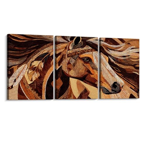 Weone Artwork 3 Panel Canvas Wall Art Native American Colorful Tribal Horse Boho Pony Farmhouse Head Stretched & Framed Art Prints Modern Painting Wall Decoration Ready to Hang Unique Designed