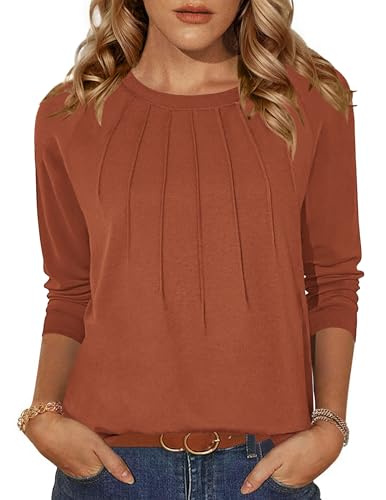 Zeagoo Tshirt Damen Rundhals Shirt Herbst Lässiges Shirts Elegant Tunika Tops Fraeun Falten Einfarbig Oberteile Karamell S