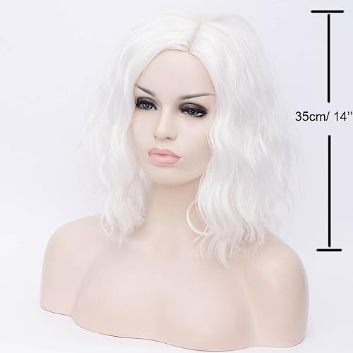 Image of BERON White Wigs for Women Short Curly Bob Side Part Wig Girls Shoulder Length Body Wavy Hair Wig White Heat Resistant Synthetic Halloween Cosplay Daily Party Wigs