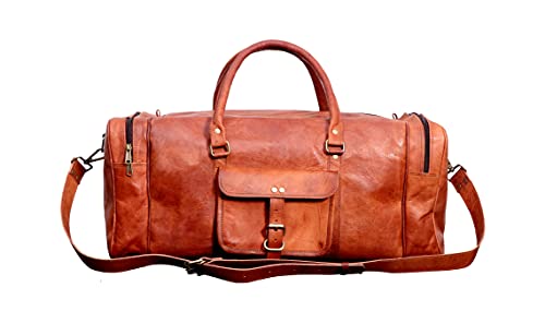 SKADO 24 Inch Leather Duffel Bags For Men & Women Holdall Leather Duffle Travel Overnight Bag Gym Sports Brown Weekender Bag, Roll On Laptop Backpack Rucksack Knapsack Office College Bag