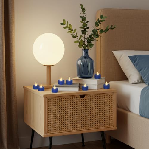 Image of FURORA LIGHTING Royal Blue Glitter 1.45 inchx1.57 inch LED Tealights, 12-Pack | Royal blue glitter tealights with warm white flicker, no timer, CR2032 batteries included - perfect for lanterns.