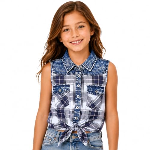 Image of Bienzoe Western Plaid Girls Shirt: Sleeveless Button Down | For girls who love cowgirl style, rodeo days, country concerts, summer comfort, family photos, horse shows, outdoor fun