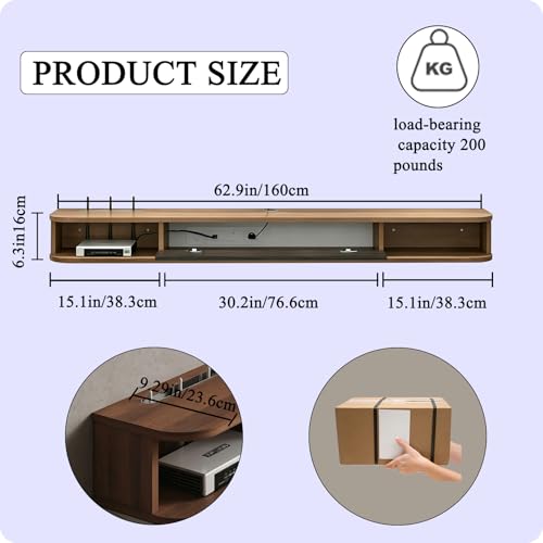 Image of Floating TV Stand ,Floating TV Cabinet, Solid Wood Floating TV Stand, Wall Entertainment Center with Storage Cabinets and Flip Down Doors, Floating for Living Room Bedroom Office (walnut, 62.9in)